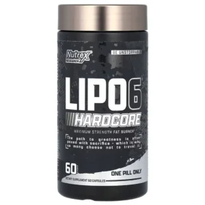 Nutrex Research Lipo-6 Hardcore supplement jar on a clean background.