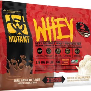 Mutant Whey Dual Chamber 1.8kg container showing triple chocolate and vanilla dual flavors