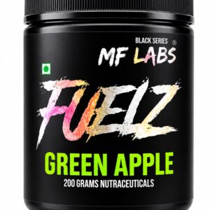 MF Fuelz Pre Workout Green Apple container showing advanced athletic energy and heavy muscle pumps label
