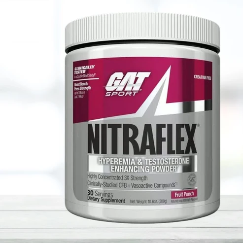 GAT Sport Nitraflex Fruit Punch 30 Servings container showing advanced hyperemia and testosterone pre workout label
