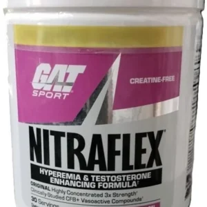 GAT Sport Nitraflex Watermelon 30 Servings container showing advanced hyperemia and testosterone pre workout label