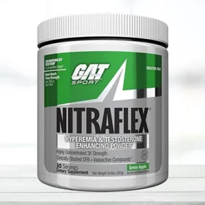 GAT Sport Nitraflex Watermelon 30 Servings container showing advanced hyperemia and testosterone pre workout label