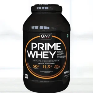 QNT Prime Whey 2 kg protein powder tub in Irish Chocolate flavor showing 25g protein per serving label