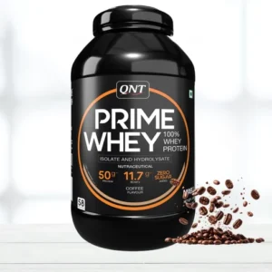 QNT Prime Whey 2 kg protein powder tub in Irish Chocolate flavor showing 25g protein per serving label
