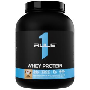 Rule 1 R1 Whey Blend 5lbs protein powder tub in Café Mocha flavor showing 24g protein per serving label
