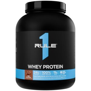 Rule 1 R1 Whey Blend 5lbs protein powder tub in Milk Chocolate flavor showing 24g protein per serving label