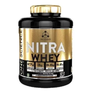 One Science Nutrition Nitra Whey Protein Powder tub showing grass fed whey and testosterone support matrix label