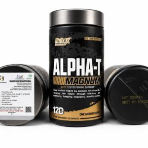Nutrex Alpha T Magnum testosterone support bottle showing anabolic supplement with tongkat ali and fadogia label