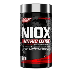 Nutrex NIOX Nitric Oxide 90 capsules bottle showing premium pump booster for max vascularity label
