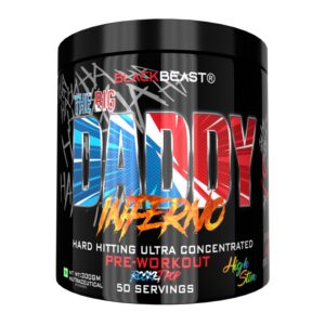 Black Beast Pre Workout The Big Daddy Inferno container in Rocket Pop flavor showing focus strength and pump support label