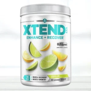 XTEND EAA Essential Amino Acids powder container in Lemon Lime flavor showing workout and recovery support label