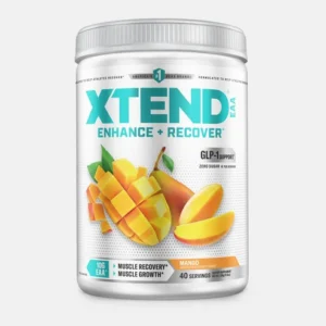 XTEND EAA Essential Amino Acids powder container in Mango flavor showing workout and recovery support label