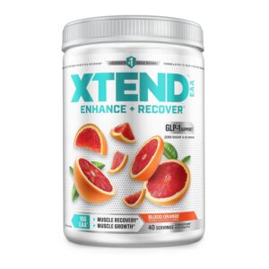 XTEND EAA Essential Amino Acids powder 340g container in Blood Orange flavor showing zero sugar muscle recovery and growth label