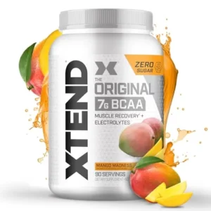 Scivation Xtend BCAA 90 servings container in Mango Madness flavor showing original intra workout muscle recovery label